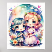 Aquarellmalerei Kawaii Chibi 2 Weibliche II Poster (Vorne)