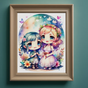 Aquarellmalerei Kawaii Chibi 2 Weibliche II Poster