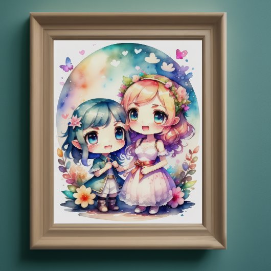 Aquarellmalerei Kawaii Chibi 2 Weibliche II Poster