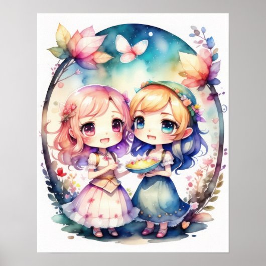 Aquarellmalerei Kawaii Chibi 2 Weibliche IV Poster (Vorne)