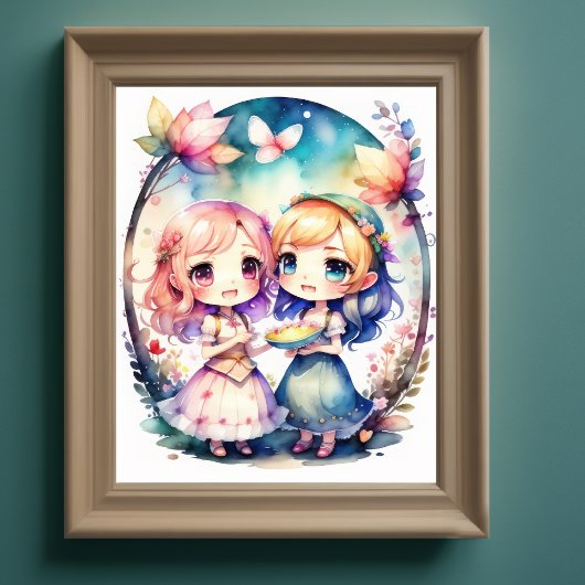 Aquarellmalerei Kawaii Chibi 2 Weibliche IV Poster