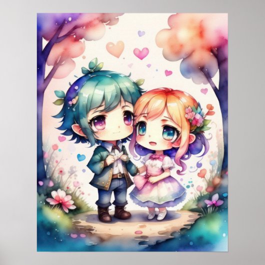 Aquarellmalerei Kawaii Chibi Male Female III Poster (Vorne)