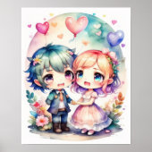 Aquarellmalerei Kawaii Chibi Male Weibliche Poster (Vorne)