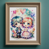 Aquarellmalerei Kawaii Chibi Male Weibliche Poster