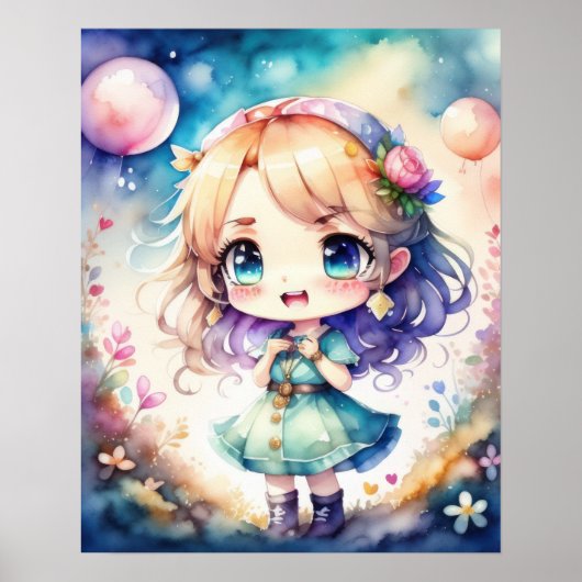 Aquarellmalerei Kawaii Chibi Weibliche Poster (Vorne)