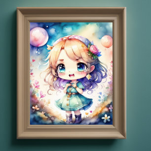 Aquarellmalerei Kawaii Chibi Weibliche Poster
