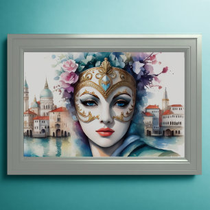 Aquarellmalerei Lady Tragen Venezianische Maske II Poster