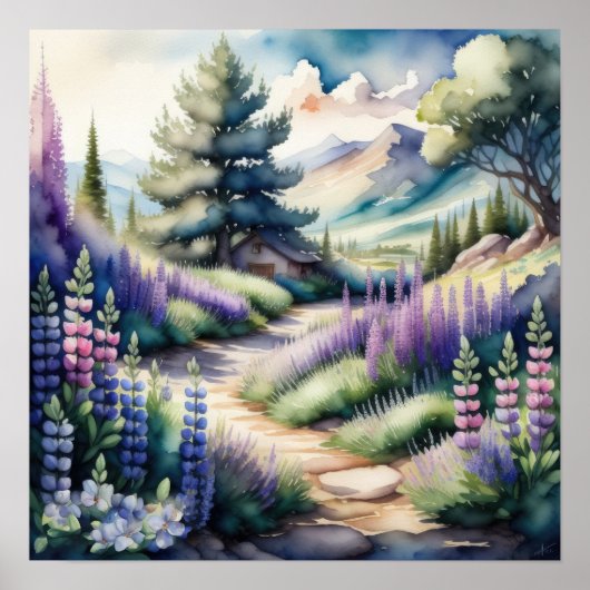 Aquarellmalerei Lupine Landschaft Poster (Vorne)
