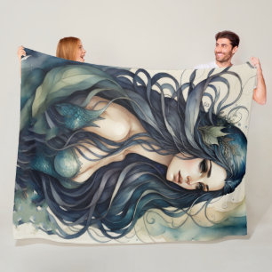 Aquarellmalerei Meerjungfrau Fleecedecke