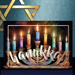 Aquarellmalerei Menorah Farbige Kerzen Folien Feiertagskarte<br><div class="desc">Aquarellmalerei Menorah mit farbenfrohen Kerzen</div>
