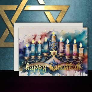 Aquarellmalerei Menorah Happy Hanukkah Folien Feiertagskarte