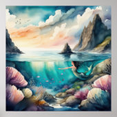 Aquarellmalerei mit Brünetter Meerjungfrau 1:1 Poster (Vorne)