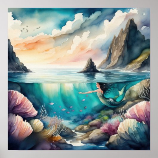 Aquarellmalerei mit Brünetter Meerjungfrau 1:1 Poster (Vorne)