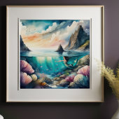 Aquarellmalerei mit Brünetter Meerjungfrau 1:1 Poster