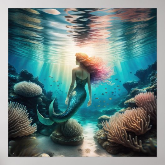 Aquarellmalerei mit der Meerjungfrau 1:1 Poster (Vorne)