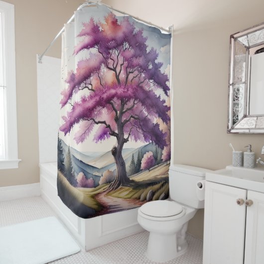 Aquarellmalerei mit großem Lila Blätterbaum Duschvorhang (Beispiel)