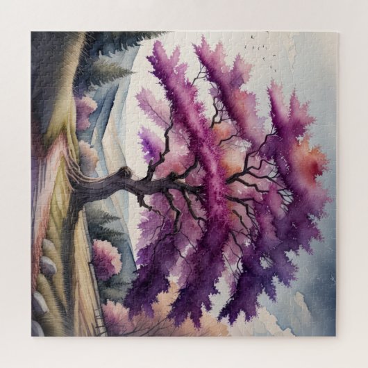 Aquarellmalerei mit großem Lila Blätterbaum Puzzle (Horizontal)