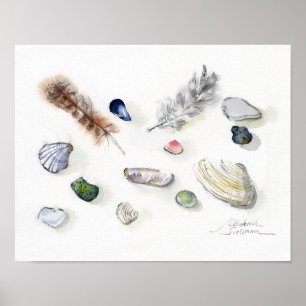 Aquarellmalerei mit Muscheln, Kieselsteinen und Fe Poster