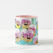 Aquarellmalerei mit rosa, gelben, weißen Stiefmütt Tasse (Zentrum)