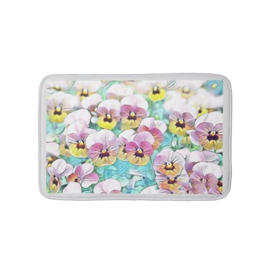 Aquarellmalerei mit rosa-gelblich-weißen Stiefmütt Badematte (Vorderseite)
