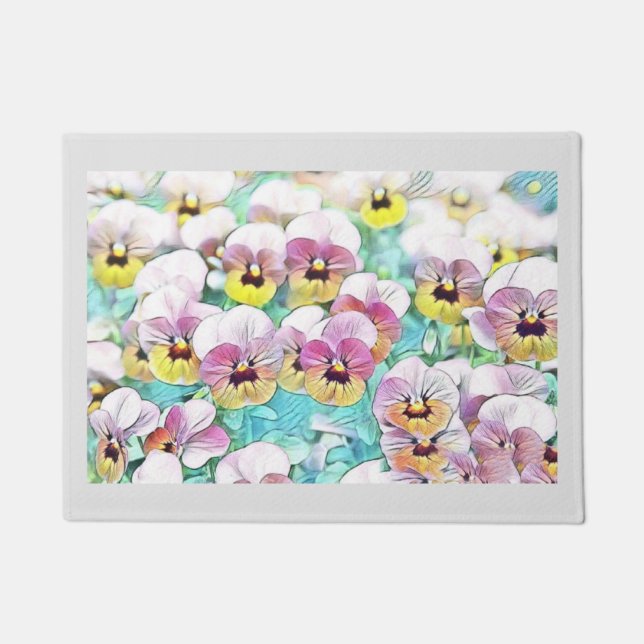 Aquarellmalerei mit rosa-gelblich-weißen Stiefmütt Fußmatte (Vorderseite)