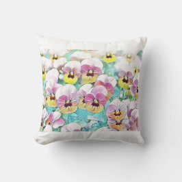 Aquarellmalerei mit rosa-gelblich-weißen Stiefmütt Kissen