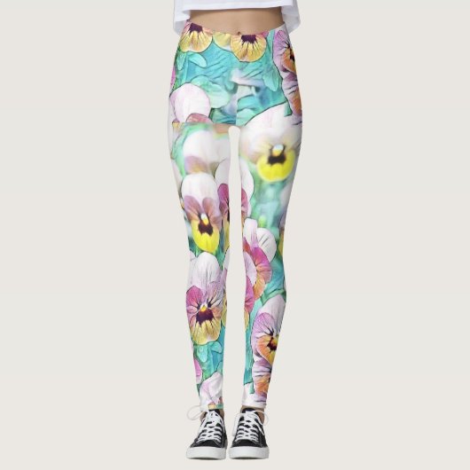 Aquarellmalerei mit rosa-gelblich-weißen Stiefmütt Leggings (Vorderseite)