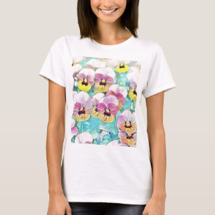 Aquarellmalerei mit rosa-gelblich-weißen Stiefmütt T-Shirt