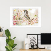 Aquarellmalerei mit Sparrow Eating Berries Poster (Heimbüro)