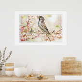 Aquarellmalerei mit Sparrow Eating Berries Poster (Küche)