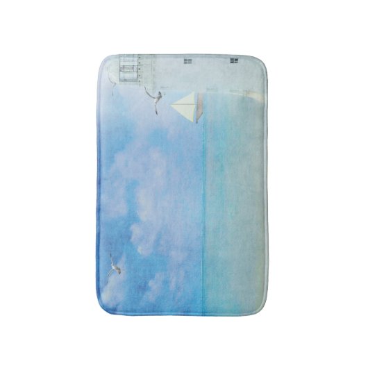 Aquarellmalerei mit weißem Leuchtturm mit Segelboo Badematte (Vorderseite Vertikal)