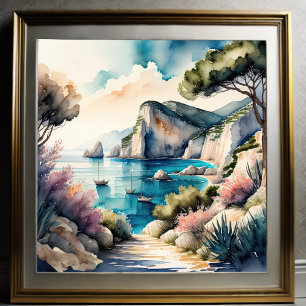 Aquarellmalerei Mittelmeer-Küstenlandschaft Poster
