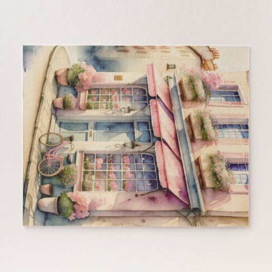 Aquarellmalerei Pink Blume Shop Paris Puzzle (Horizontal)