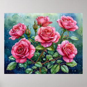 Aquarellmalerei rosa Rosen mit Tautropfen Poster
