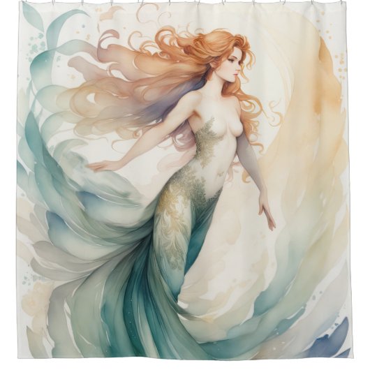 Aquarellmalerei Rothaarige Meerjungfrau Duschvorhang (Vorderseite)