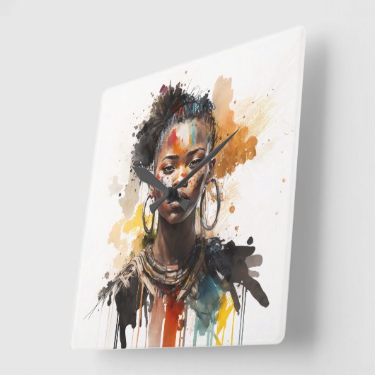 Aquarellmalerei, schöne afrikanische Stammesfrauen Quadratische Wanduhr (Winkel)