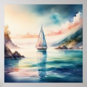 Aquarellmalerei Segelboot auf dem Wasser 1:1 Poster (Vorne)