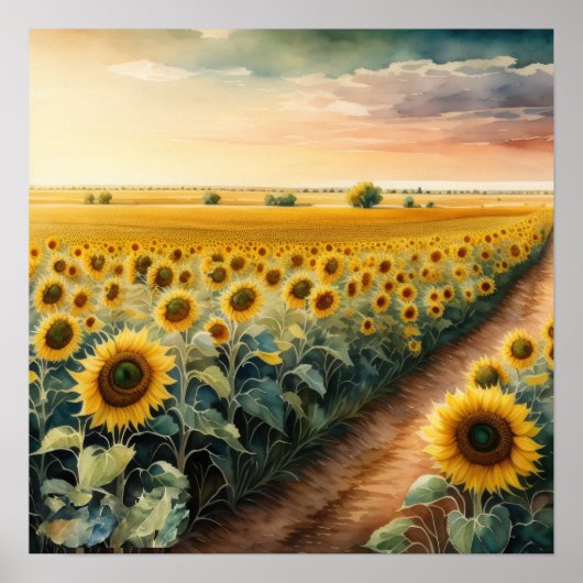 Aquarellmalerei Sonnenblumen Landschaft Poster (Vorne)
