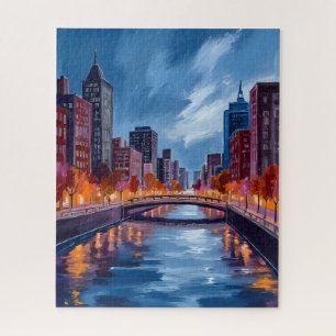 Aquarellmalerei Stadt bei Nacht Puzzle