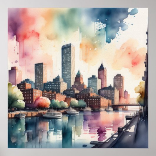 Aquarellmalerei Stadt mit Fluss Poster (Vorne)