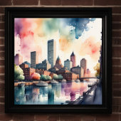 Aquarellmalerei Stadt mit Fluss Poster