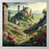 Aquarellmalerei Storybook Mittelalterliches Schlos Poster (Vorne)