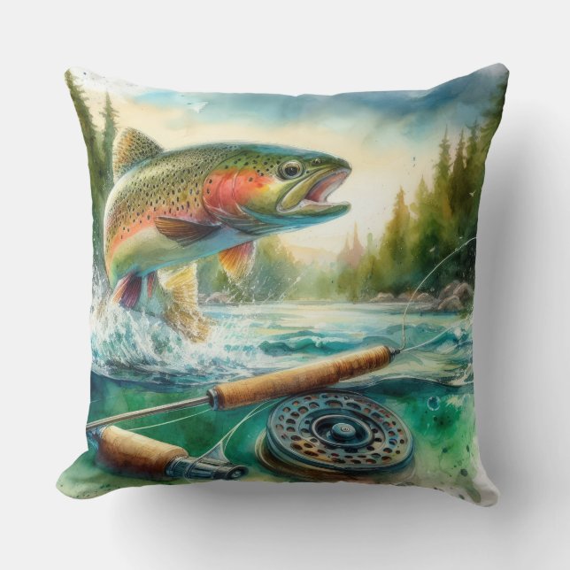 Aquarellmalerei Trout Fly Fishing Kissen (Vorderseite)