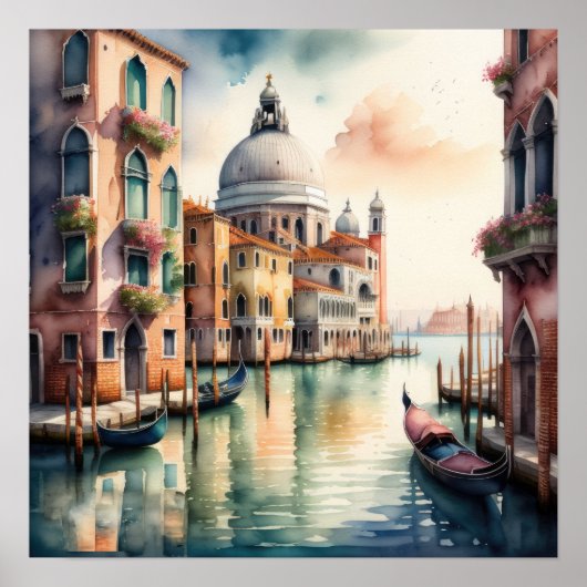 Aquarellmalerei Venedig Stadt Szene Gondel 1:1 Poster (Vorne)
