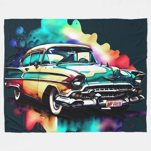 Aquarellmalerei Vintage Auto Fleecedecke (Vorderseite (Horizontal))