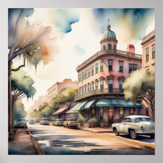 Aquarellmalerei Vintager Savannah Georgia Poster (Vorne)