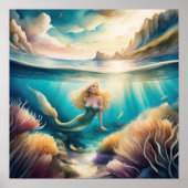 Aquarellmalerei von Blonde Mermaid 1:1 Poster (Vorne)