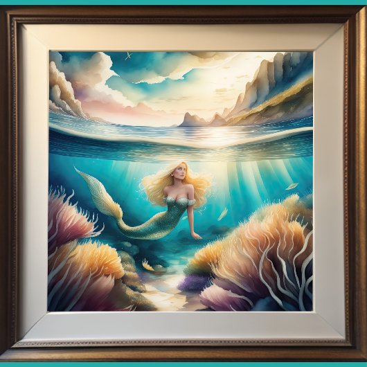 Aquarellmalerei von Blonde Mermaid 1:1 Poster