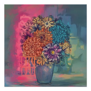 Aquarellmalerei von Blumen auf einer glänzenden Va Poster