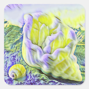 Aquarellmalerei von gelber violetter Muschel  Quadratischer Aufkleber